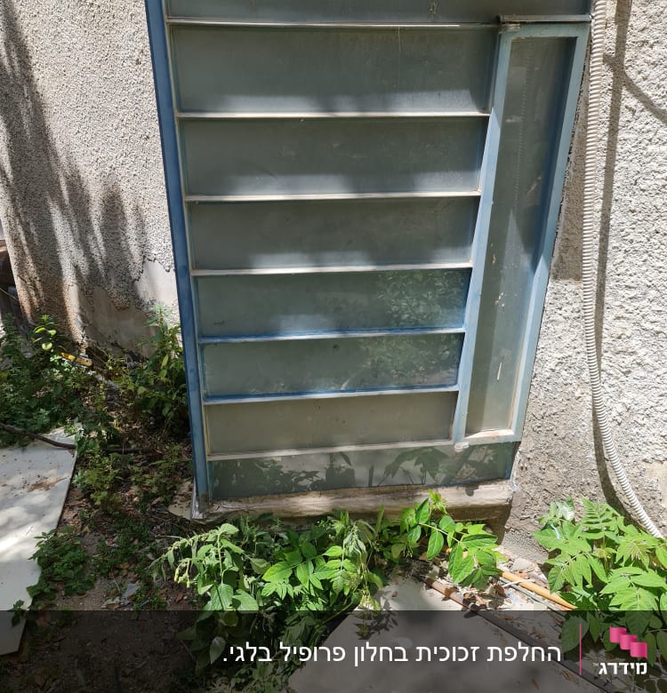 חלון זכוכית עם מסגרת מתכת כחולה